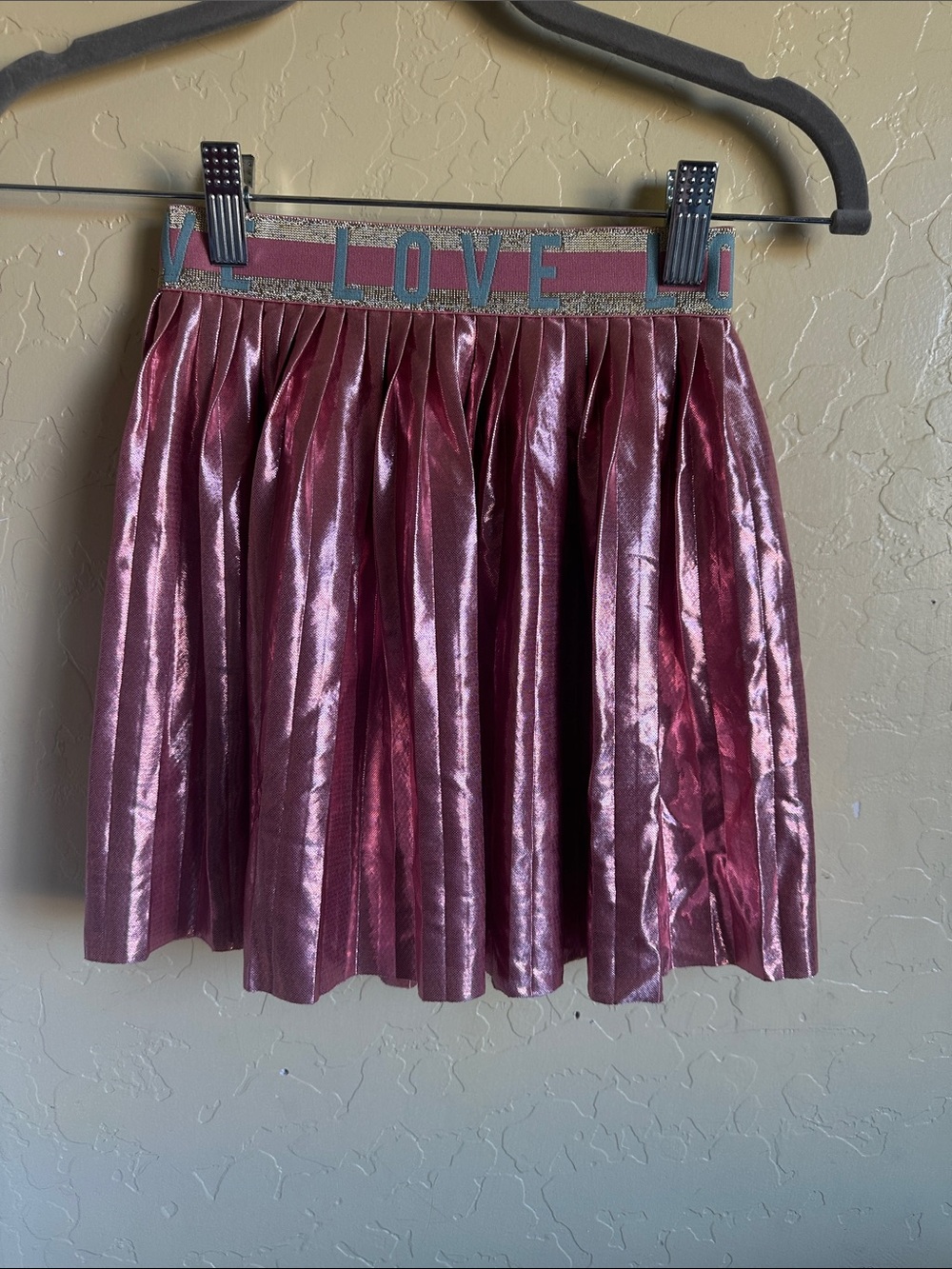 Metallic Pink Pleated Skirt with 'LOVE' Elastic Waistband